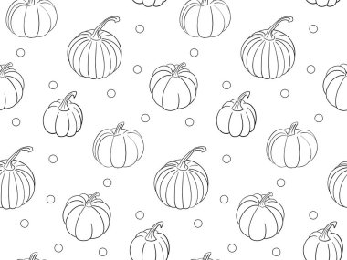 Farklı el kabakları ve siyah çizgilerle noktalar çizilmiş vektörsüz desen. Kabak koleksiyonu olan sonbahar siyah beyaz arka plan. Cadılar Bayramı, Şükran Günü için sonbahar afişi