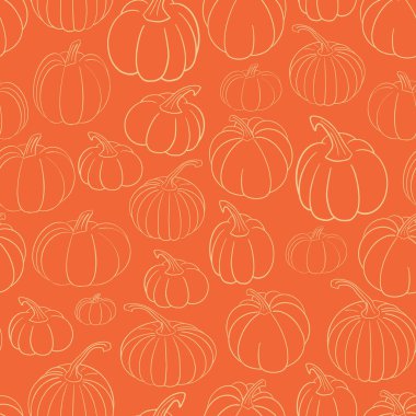 Sevimli sonbahar vektörsüz şablonu, parlak arka plan, çeşitli el kabakları çizilmiş canlı turuncu arka plan. Cadılar Bayramı için estetik sezon dokusu, Şükran Günü kartları, duvar kağıdı.