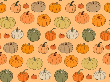 Açık turuncu arka planda sonbaharda çeşitli el yapımı balkabağı renginde parlak sonbahar vektörsüz desen arkaplanı. Şükran Günü ve Cadılar Bayramı kumaşı için hoş bir kumaş.