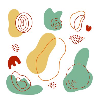 Çeşitli organik şekiller ve soyut tasarım elemanları vektör illüstrasyonları. Rastgele çizilmiş şekiller ve karalamalar modern moda yaratıcı tasarım için beyaz üzerine izole edilmiş nesneler.