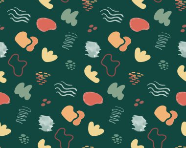Çeşitli organik şekillere ve soyut tasarım elementlerine sahip kusursuz model vektör arka planı. Rastgele çizilmiş şekiller ve karalama objeleri koyu yeşil arka plana. yaratıcı doku tasarımı.