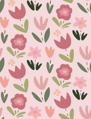 Çiçekler ve yapraklarla sevimli, çocuksu, pürüzsüz bir desen. Yaratıcı çocuk dokusu kumaş, ambalaj, tekstil, duvar kağıdı. Basit İskandinav tarzında elle çizilmiş çiçeklerle vektör arkaplanı