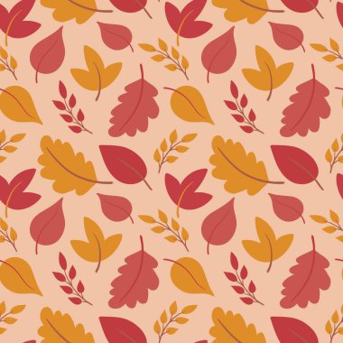 Rengarenk yaprakları olan, dikişsiz, şirin bir sonbahar dönemi. Sonbahar tasarımı için basit el çizimi tarzında vektör arkaplanı, Şükran Günü
