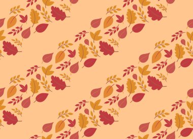 Renkli yapraklarla bej arkaplanda çapraz çizgiler çizerek dikişsiz şirin sonbahar desenli arka plan. Sonbahar tasarımı için basit el çizimi biçiminde vektör dokusu, Şükran Günü