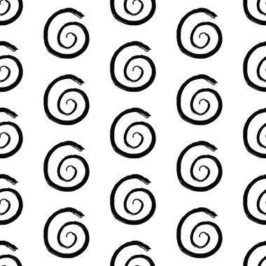 Abstract minimalist seamless pattern with hand drawn grunge black ink textured circle curl swirl. Vector minimal monochrome black and white background with textured noise shape.