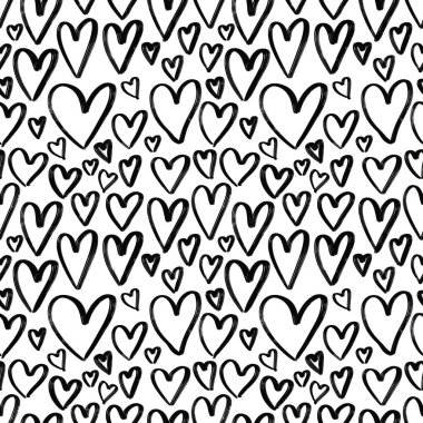 Grunge hand drawn hearts seamless pattern. Textured black ink paintbrush various heart shapes vector background. Romantic simple black and white texture for Valentines day