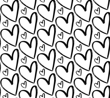 Grunge hand drawn hearts seamless pattern. Textured black ink paintbrush heart shapes vector background. Romantic cute simple black and white texture for Valentines day