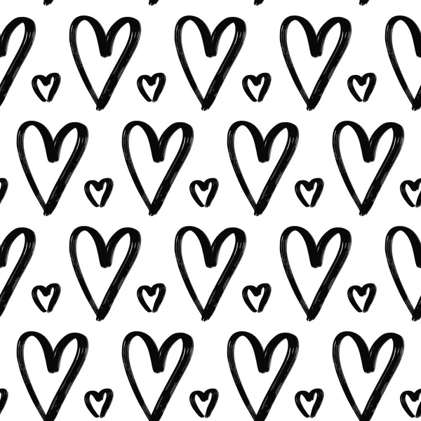 Grunge Hand Drawn Hearts Seamless Pattern Textured Black Ink Paintbrush —  Vetores de Stock