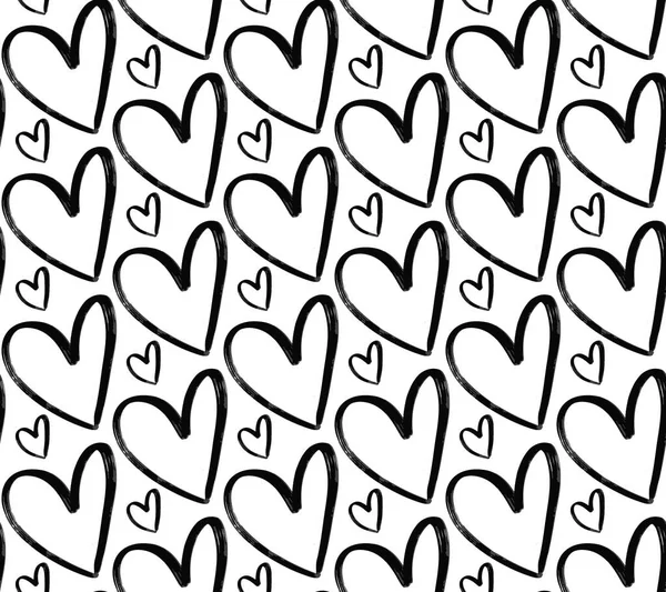 Grunge Hand Drawn Hearts Seamless Pattern Textured Black Ink Paintbrush — Stock Vector