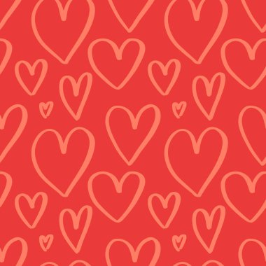 Simple romantic seamless pattern with hand drawn heart sketch doodles on red background. Cute backdrop for Valentines day, wedding.