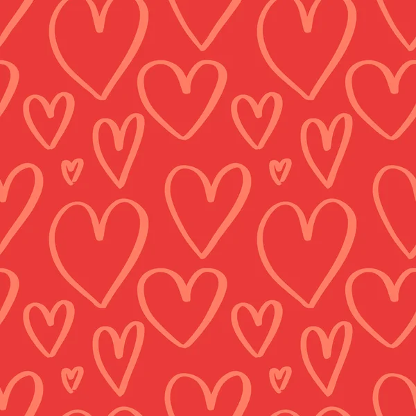 Einfaches Romantisches Nahtloses Muster Mit Handgezeichneten Herzskizzen Auf Rotem Hintergrund — Stockvektor