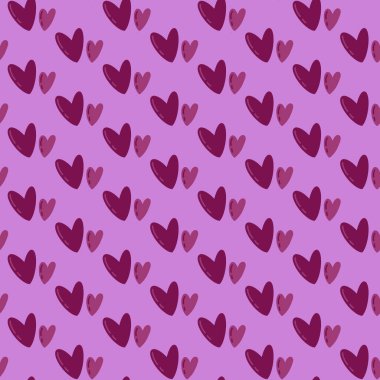 Çapraz çizgilerde basit bir el çizimi menekşe kalplerle şirin, pürüzsüz desen. Romantik kızsı vektör mor arka plan. Sevgililer Günü arkaplanı
