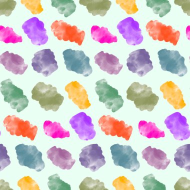 Kusursuz desenli, çeşitli soyut suluboya organik şekilli damlalar, düzensiz boya lekeleri. Vektör illüstrasyonu parlak akvaryum sanatsal arka plan. Rastgele renkli sıvı lekeler ışık arka planında şekillenir