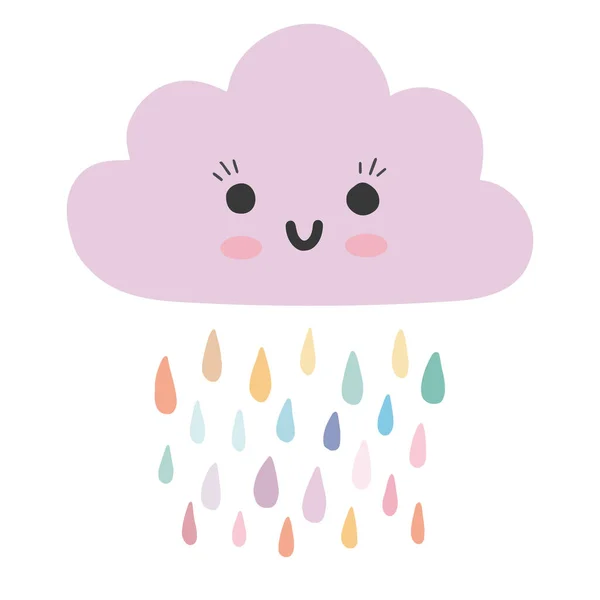Niedliche Rosa Babywolke Mit Lächelndem Kawaii Gesicht Und Regenbogentropfen Süße — Stockvektor