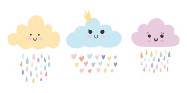 Gülen kawai suratlı, gökkuşağı damlalı ve kalpli üç sevimli pembe bebek bulutu. Tatlı bebek odası poster tasarımı. Vektör çizimi çocukça basit İskandinav el çizimi biçimi izole.