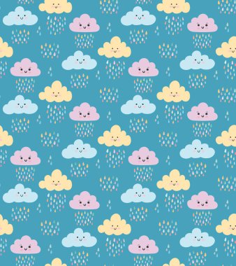 Kawaii bebek gülümseyen bulutlar, mavi arkaplanda renkli suluboya yağmurları. Bebek bakıcılığı, çocuk tekstili ve kumaşı için güzel bir vektör geçmişi var. Sevimli çocuk baskısı..