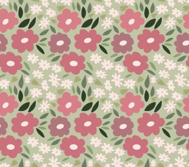 Soyut çiçekleri ve yaprakları olan çocuksu, pürüzsüz bir desen. Kumaş, ambalaj, tekstil, duvar kağıdı için yaratıcı modern çiçek dokusu. Basit bir şekilde elle çizilmiş çiçeklerle vektör arkaplanı