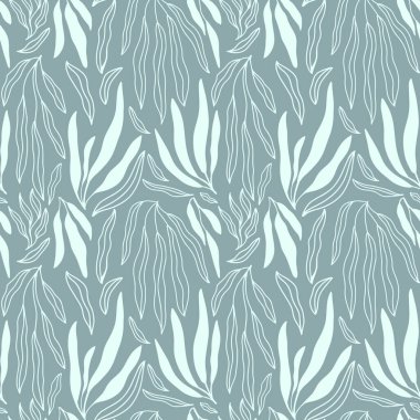 Beyaz palmiye dallı ve beyaz arka planda karalamalar bırakan minimalist, soyut, dikişsiz desen. Basit vektör arkaplanı. Modern moda dokusu