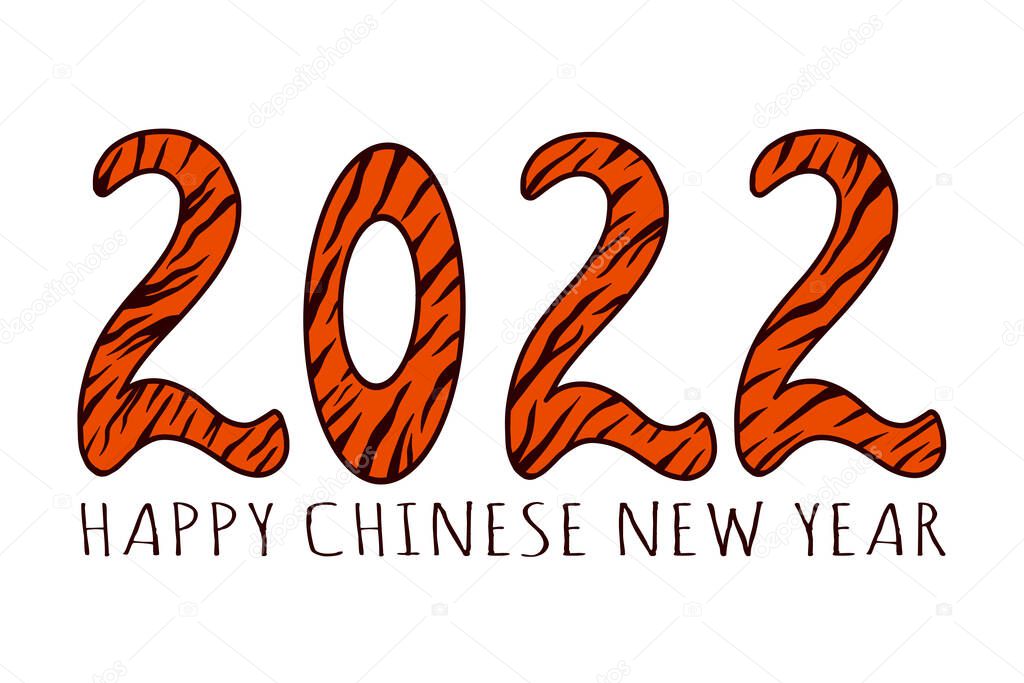 2022 orange numbers with tiger stripes fur pattern isolated vector on white. Cute Chinese New Year 2022 Christmas logo. Lunar zodiac symbol of 2022 Year of Tiger. Text - Happy Chinese New Year.