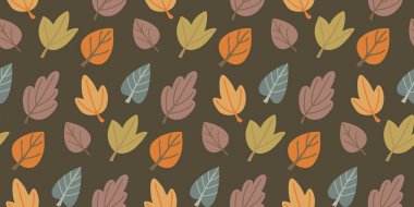 Basit organik düz elle çizilmiş, çeşitli sonbahar yapraklarıyla kusursuz bir arka plan. Sonbahar tasarımı için hoş bir bitki örtüsü, Şükran Günü. Mevsimlik baskı, tekstil, kumaş, kart