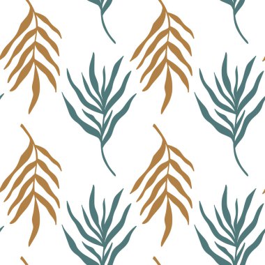 Kusursuz desenli arka plan, soyut el çizimi bitki silueti. Tropikal palmiye dalları minimalist çizgi çizimi. Vektör boho minimalist çiçek arkaplan dokusu