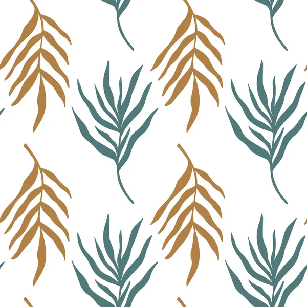 无缝隙图案背景与抽象手绘植物轮廓 热带叶状棕榈树分枝简约线条画图 向量Boho简约的植物背景纹理 — 图库矢量图片