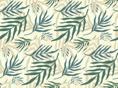 Seamless pattern background with abstract hand drawn plant silhouette. Tropical foliage palm tree branch minimalist vector boho floral backdrop texture. Design for tourism, summer, vacation, beach