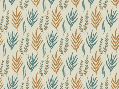 Seamless pattern background with abstract hand drawn plant silhouette. Tropical foliage, palm tree branch minimalist texture. Vector boho floral backdrop texture.