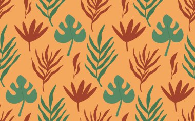 Seamless pattern background with abstract hand drawn plant silhouette. Tropical foliage, palm tree, monstera branch bright texture. Vector boho yellow floral backdrop.