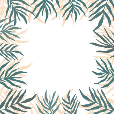 Summer square frame with elegant palm leaves teal foliage silhouette. Seasonal vacation design. Hand drawn abstract vector palm floral background border isolated on white. Copy space.