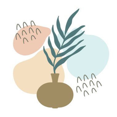 Vazolu soyut botanik kompozisyon kolajı, palmiye yapraklı bitki silueti düzensiz organik şekiller, el çizimi karalamalar. Moda minimalist tarzında modern duvar sanatı. Vektör izole edildi.