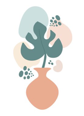 Vazolu soyut botanik kompozisyon kolajı, palmiye yaprağı ağaç silueti düzensiz organik şekiller, elle çizilmiş karalamalar. Modern duvar sanatı, modaya uygun minimalist stil. Vektör izole edildi.