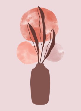 Vazo içeren soyut botanik kompozisyon kolajı, tropikal yaprak dalları silueti, suluboya desenli organik şekil damlaları. Modern duvar dekorasyonu, modaya uygun minimalist stil. Vektör