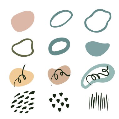 El çizimleri renkli şekiller ve karalama nesneleri - daireler, çizgiler, noktalar. Beyaz arkaplanda izole edilmiş soyut rastlantısal modern tasarım elemanlarına sahip vektör illüstrasyonu