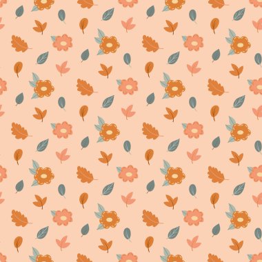 Sonbahar elementleri basit İskandinav tarzında kusursuz desenler - balkabağı, sonbahar çiçekleri, şeftali arkaplanda yapraklar. Şükran Günü, Cadılar Bayramı ve okula dönmek için sevimli mevsimlik çocuksu bir doku..
