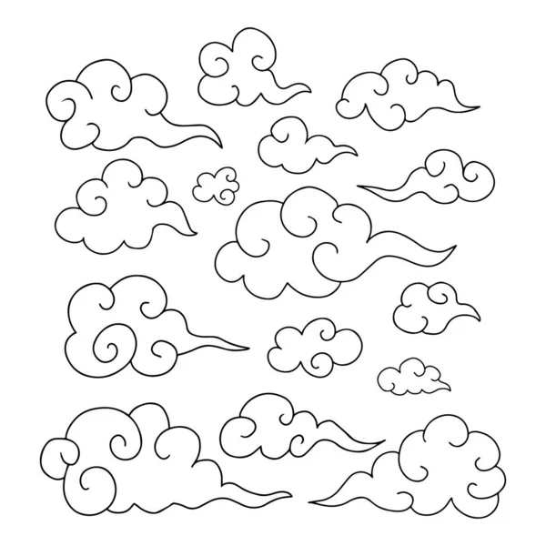 Ein Satz Traditioneller Orientalischer Wirbelnder Wolken Schwarzen Umrissen Isoliert Auf — Stockvektor