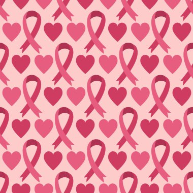 Pembe kurdeleli kusursuz desen. Göğüs kanseri farkındalığı sembolü ve kalpler. Vektör arkaplanı. Sağlık hizmetleri tıbbi konsepti için arkaplan dokusu