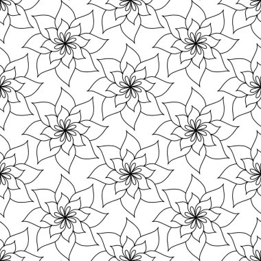 Elle çizilmiş simetrik mandala çiçeği karalaması ile soyut minimalist kusursuz desen. Karalama vektörü en az siyah ve beyaz arkaplan, zarif çizgili sanat çiçeği..