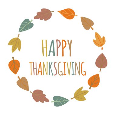 Renkli yaprakları olan sonbahar çelengi yuvarlak çerçevesi. Sonbahar defne sonbahar tasarımı. Beyaz üzerine izole edilmiş basit bir şekilde el çizimi vektör illüstrasyon arka planı. Şükran Günü tebrik kartı metnin kutlu olsun..