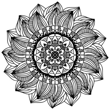 Mandala dairesel simetrik deseni. Doğu motifi. Siyah çizgili çiçek desenli yuvarlak süs. Beyaz arkaplanda vektör çizimi izole edildi. Arapça, Hint baskısı. yoga sembolü.