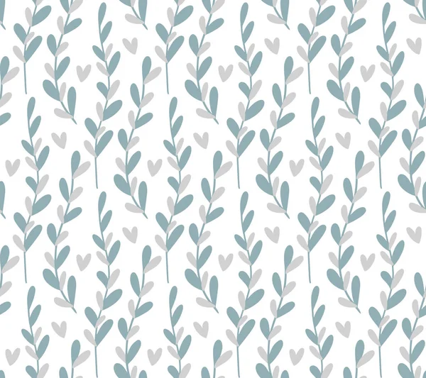 无缝图案背景与抽象手绘植物分枝轮廓 极致简约的灰蓝色中性花卉背景 有心脏 — 图库矢量图片
