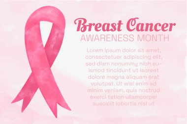 Meme Kanseri Farkındalığı Ayı afişi, narin pembe suluboya arka planı, elle çizilmiş parlak çiçeklerle süslenmiş pembe kurdele. Boşluğu kopyala