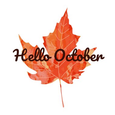 Güzel yazı kaligrafisi - Merhaba October. Beyaz arkaplanda izole edilmiş parlak turuncu suluboya sanatsal akçaağaç yaprağı vektör çizimi. Sonbahar karşılama afiş tasarımı.