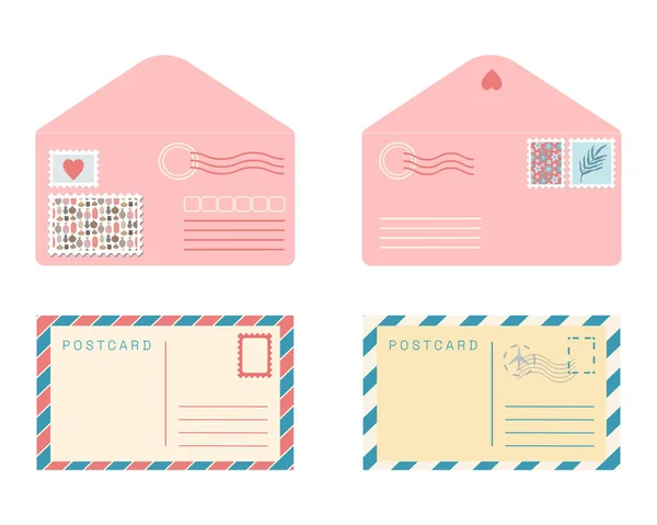엽서와 포스트잇 카드와 봉투에 포스트 스탬프와 낭만적 포스트 포스트잇 컬렉션 — 스톡 벡터