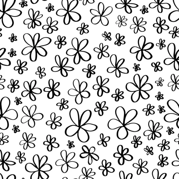 Simple Ditsy Hand Drawn Black Ink Outline Flower Doodles Seamless — Stock Vector