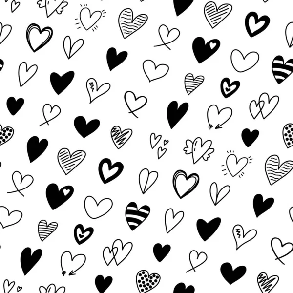 Nahtloses Muster Mit Verschiedenen Handgezeichneten Herzkritzeleien Romantisches Schwarz Weißes Herz — Stockvektor