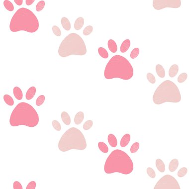 Beyaz arka planda pembe renkli kalem desenli evcil hayvan pençesi desenli şirin, pürüzsüz desen. Tatlı vektör hayvan dokusu, duvar kağıdı tasarımı.
