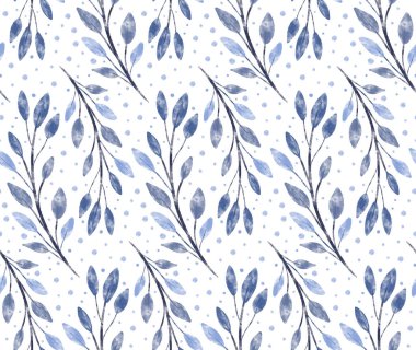 Kış vektörü suluboya desenli mavi çiçek desenli arka plan dallar, yapraklar, beyaz zemin üzerinde kar taneleri. Bayram mevsimsel Noel dokusu.