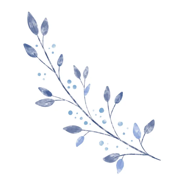 Aquarell Strukturierter Vektorzweig Mit Blauen Blättern Und Punkten Winterkranz Pflanze — Stockvektor