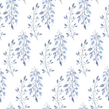 Narin retro suluboya desenli kış çiçekleri, yaprakları ve kar taneleri olan donmuş ağaç dalları. Beyaz zemin üzerinde klasik lacivert bitki suluboya silueti. Nazik, zarif tekstil tasarımı, duvar kağıdı..